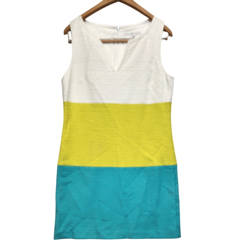 Trina Turk Colorblock Shift Dress Textured Sleeveless White Yellow Blue Women 10